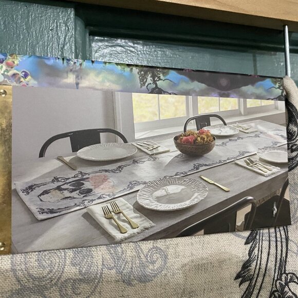 Cynthia Rowley Table Runner Halloween Skull Roses Pink Black Gothic NEW Party - Picture 4 of 7